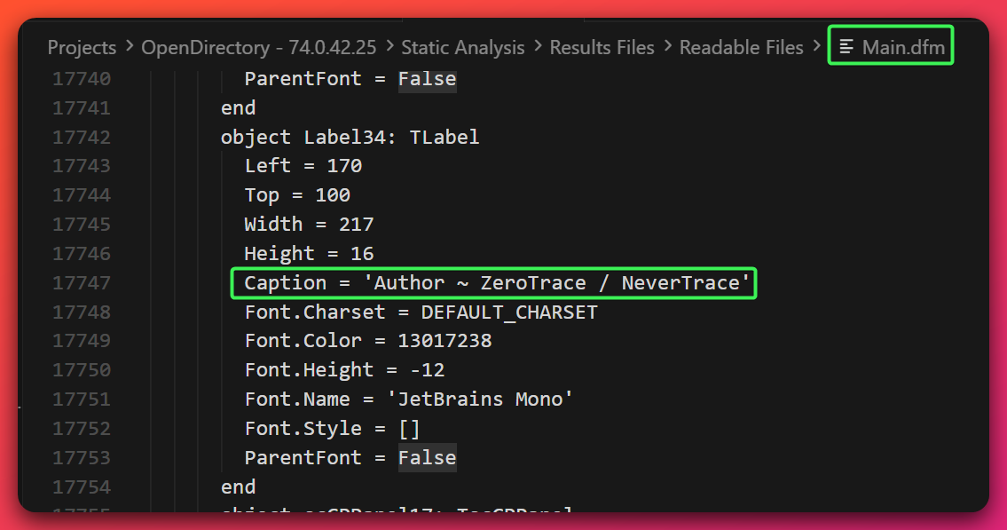 Main.dfm source showing Caption = 'Author ~ ZeroTrace / NeverTrace' in the About panel