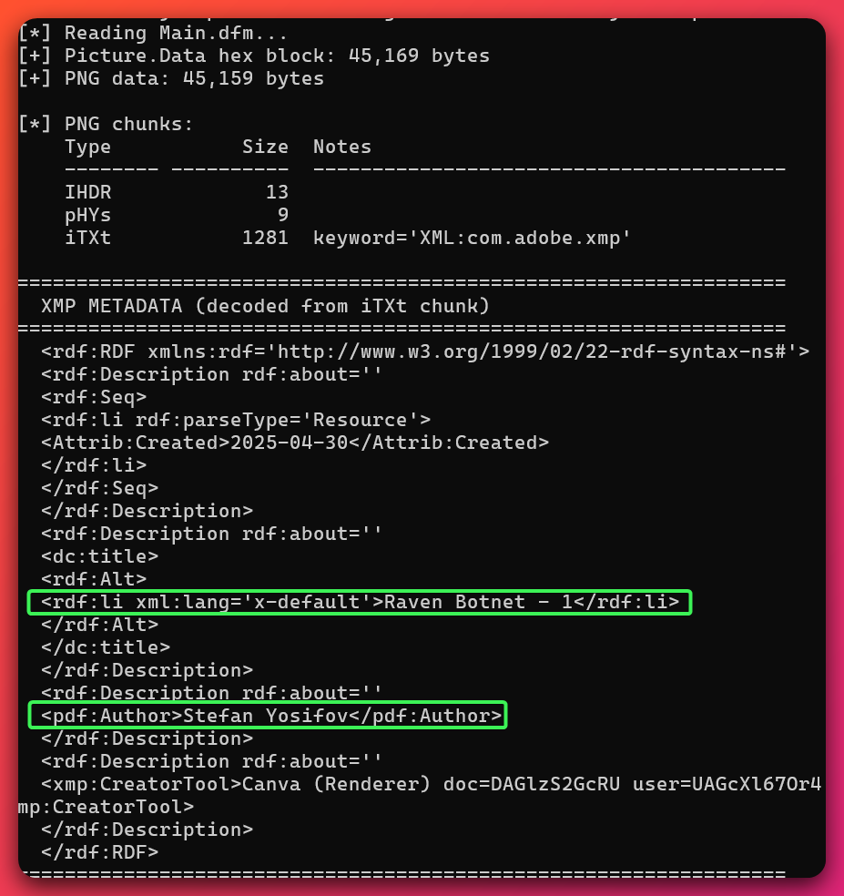 XMP metadata extraction output showing pdf:Author Stefan Yosifov and Canva document details