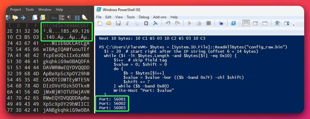 Hex editor showing 185.49.126.140 in config_raw.bin alongside PowerShell ISE decoding ports 56001-56003
