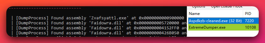 ExtremeDumper output showing Zvafsyattl.exe and Faidowra.dll loaded in memory inside Aspdkzb-cleaned.exe