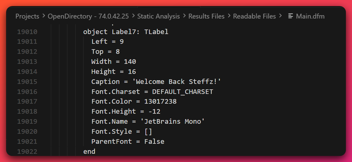 Main.dfm source showing Caption = 'Welcome Back Steffz!' hardcoded in the C2 panel