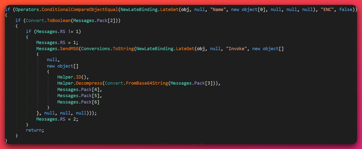 Decompiled XWorm V5.6 ENC plugin handler showing Messages.RS state machine