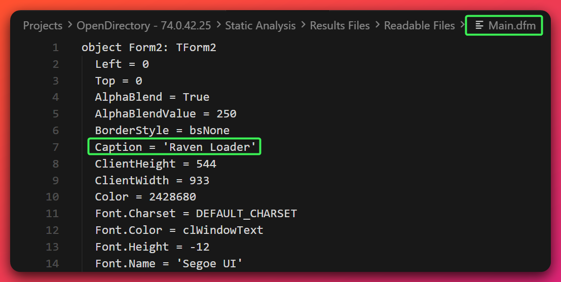 Main.dfm source from vicTest.exe showing Caption = 'Raven Loader' at line 7