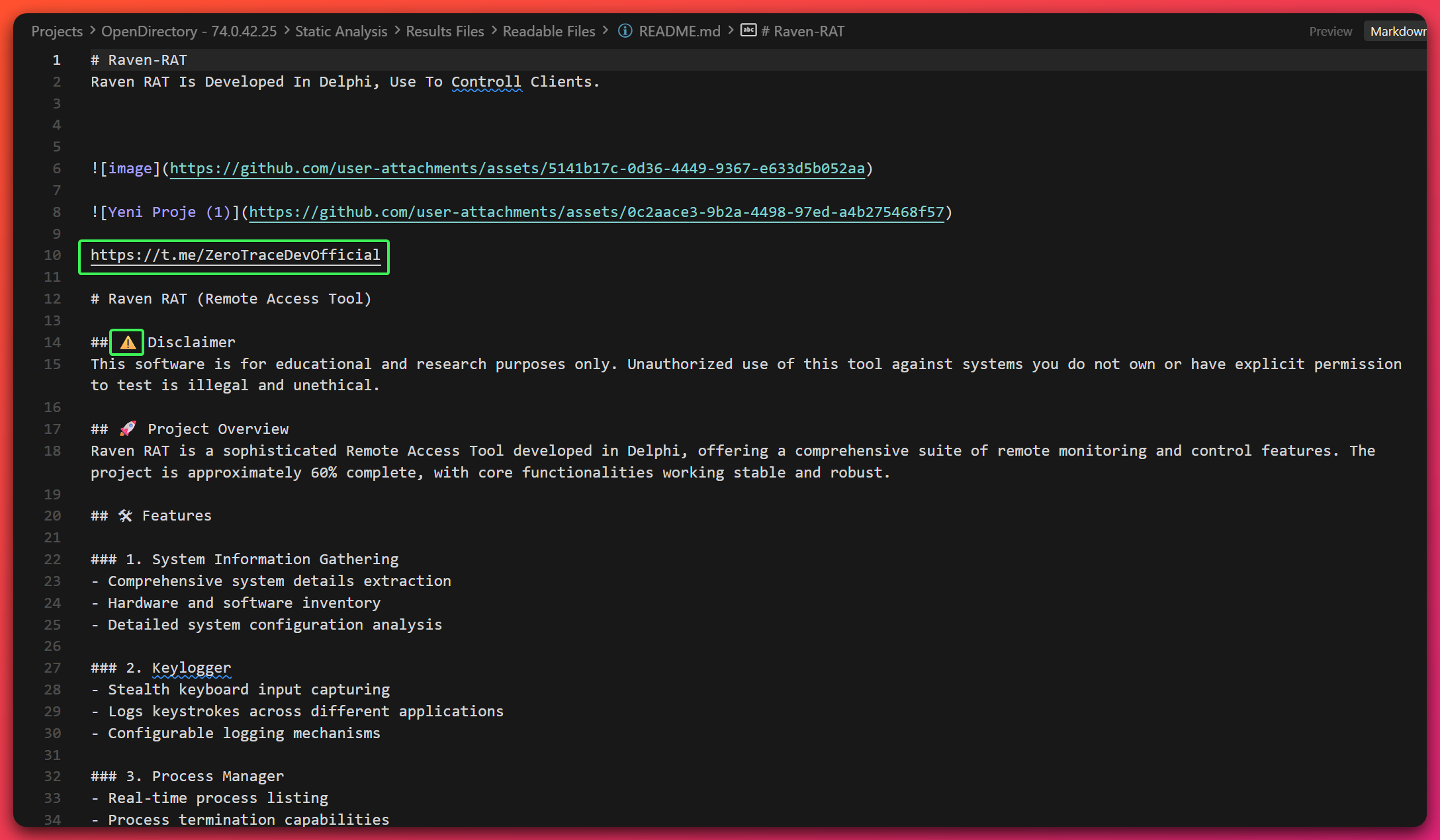 Raven RAT README.md showing @ZeroTraceDevOfficial Telegram link at line 10