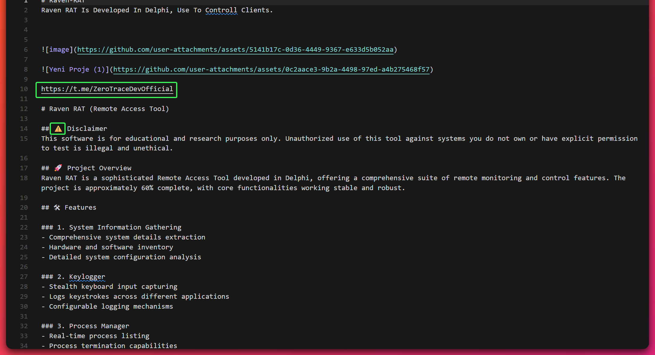 Raven RAT README.md showing @ZeroTraceDevOfficial Telegram link at line 10