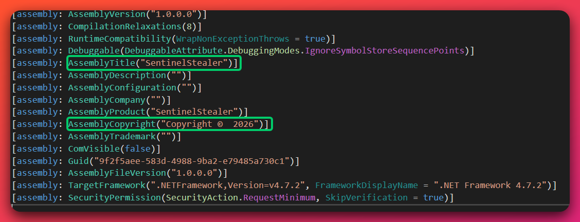 Decompiled .NET assembly attributes for the v.exe sample, showing AssemblyTitle and AssemblyProduct both set to the string SentinelStealer, a build GUID, an AssemblyFileVersion of 1.0.0.0, and a TargetFramework of .NET Framework 4.7.2.