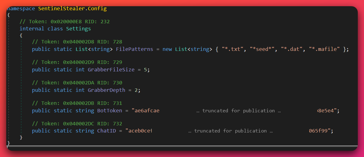 The recovered SentinelStealer.Config.Settings class, showing a FilePatterns list containing the wildcards star-dot-txt, star-seed-star, star-dot-dat and star-dot-mafile, a GrabberFileSize of 5, a GrabberDepth of 2, and two 64-character hexadecimal string fields named BotToken and ChatID whose middle sections are truncated for publication.