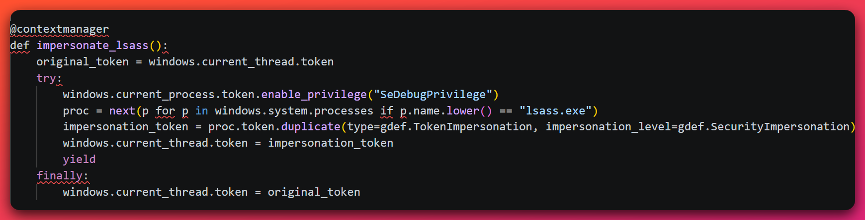 Python decryptor code for an impersonate_lsass context manager that enables SeDebugPrivilege, locates the lsass.exe process, duplicates its access token as an impersonation token, and assigns it to the current thread before restoring the original token.