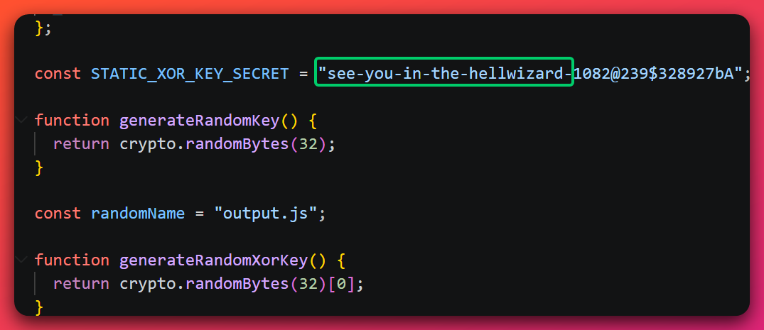 Packer source code showing a hardcoded constant named STATIC_XOR_KEY_SECRET set to the string 'see-you-in-the-hellwizard-1082@239$328927bA', alongside random per-build key-generation functions.
