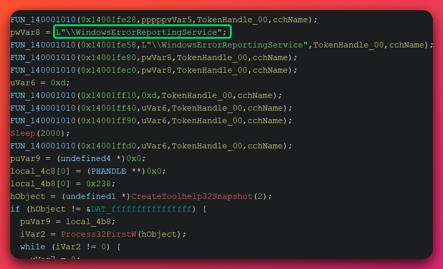 Ghidra decompilation of CVE-2026-20817_PoC.exe showing the WER ALPC port name string for WindowsErrorReportingService and a CreateToolhelp32Snapshot and Process32FirstW loop enumerating running processes to find WerFault.exe.