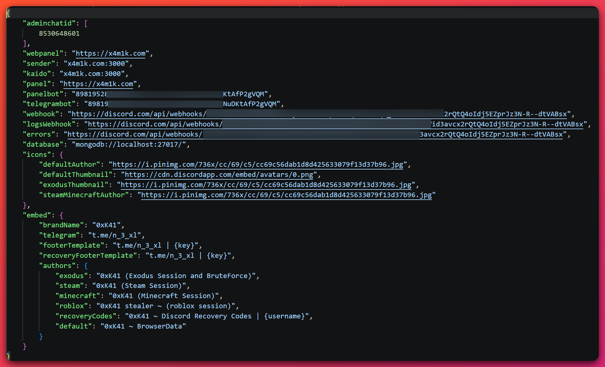 Recovered KAIDO operator configuration (secrets defanged) showing the 0xK41 brand name, the t.me/n_3_xl operator Telegram contact, exfiltration author templates such as '0xK41 ~ BrowserData', and operator panel and webhook fields.