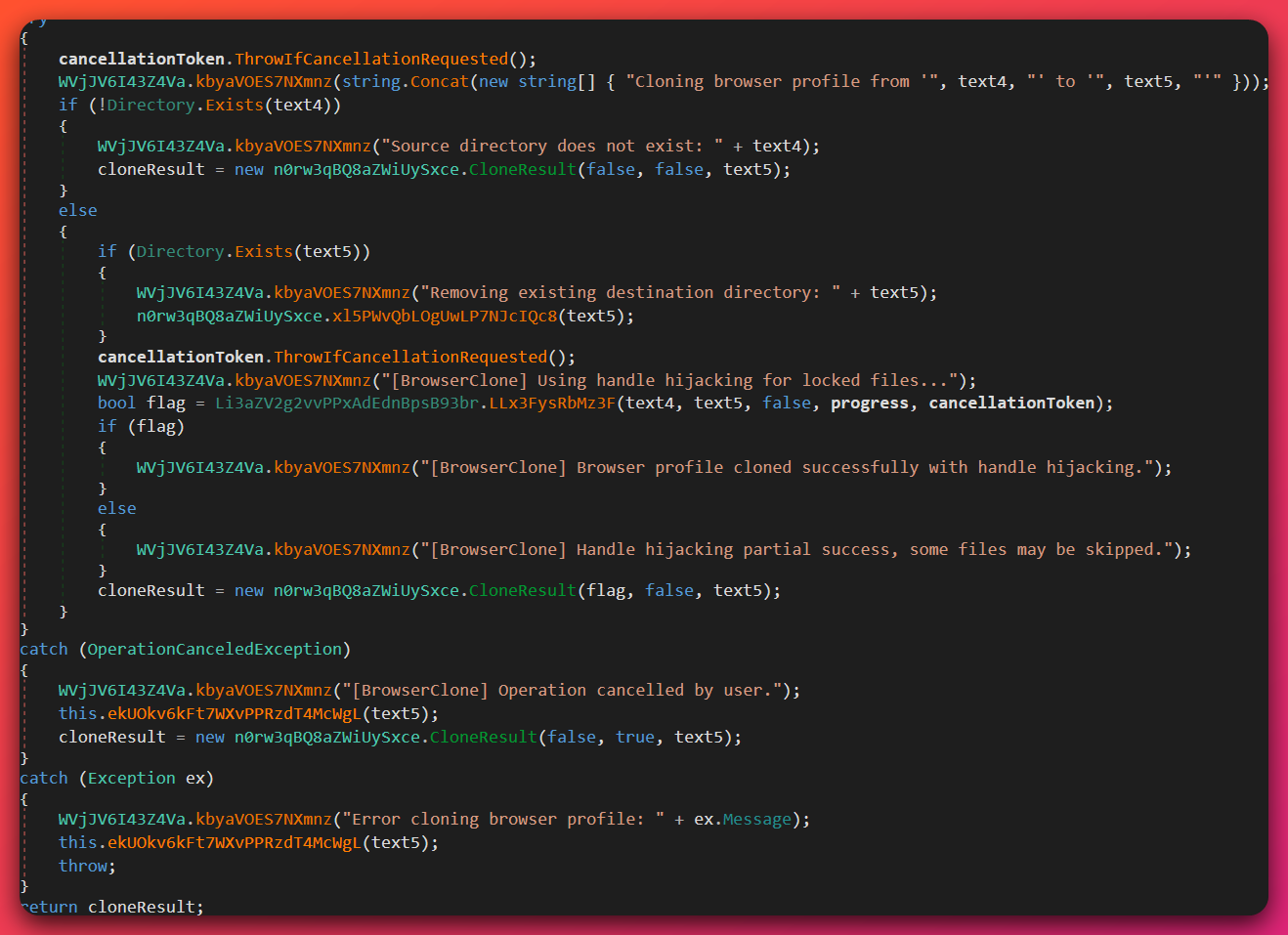 Decompiled KAIDO HVNC routine logging 'Cloning browser profile from ... to ...' and '[BrowserClone] Using handle hijacking for locked files', copying a running browser's locked profile databases via handle duplication.