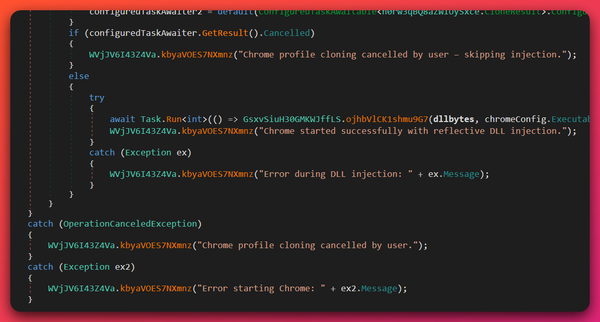 Decompiled KAIDO code path performing reflective DLL injection into the relaunched browser process and logging 'Chrome started successfully with reflective DLL injection'.