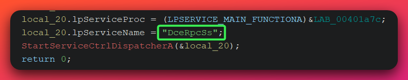 Ghidra decompiler output showing the Artifact Kit service registration function with lpServiceName set to the string DceRpcSs, masquerading as the legitimate Windows DCE/RPC Subsystem service for persistence and defense evasion