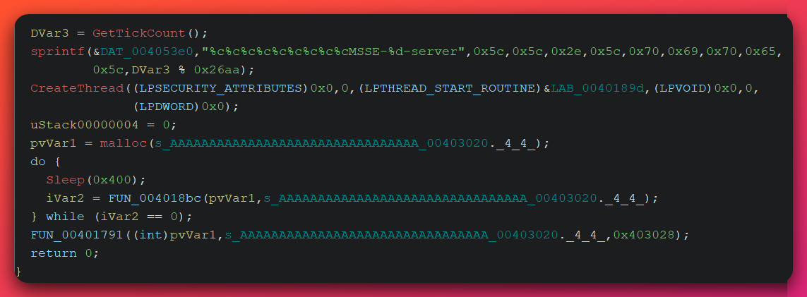 Ghidra decompiler output showing the named pipe creation with the format string MSSE-%d-server where the numeric value is derived from GetTickCount modulo 9898, followed by CreateThread to start the server thread and a Sleep loop maintaining the pipe connection