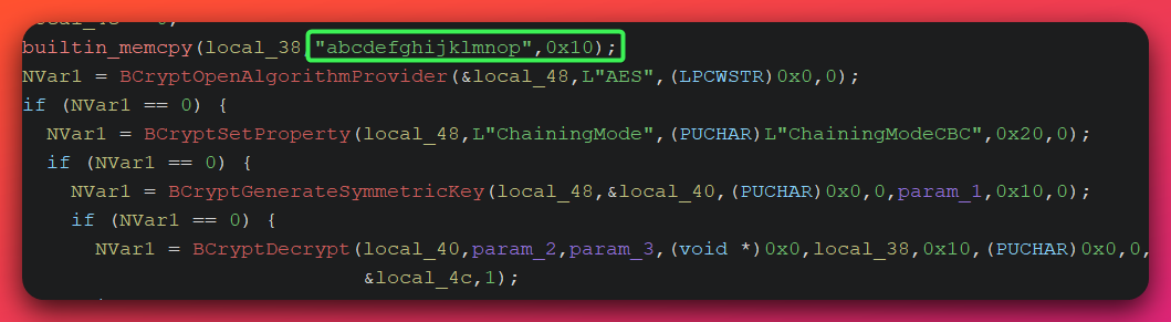 Ghidra decompiler output showing the AES encryption setup with BCryptOpenAlgorithmProvider called with L AES string, BCryptSetProperty setting ChainingModeCBC, and the hardcoded 16-byte initialization vector string abcdefghijklmnop visible in the data reference