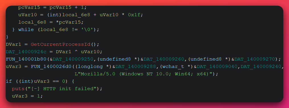 Ghidra decompiler output showing the beacon ID generation routine using GetCurrentProcessId XOR'd with a djb2 hash of the computer name, followed by User-Agent string construction with the resulting hex-formatted beacon identifier