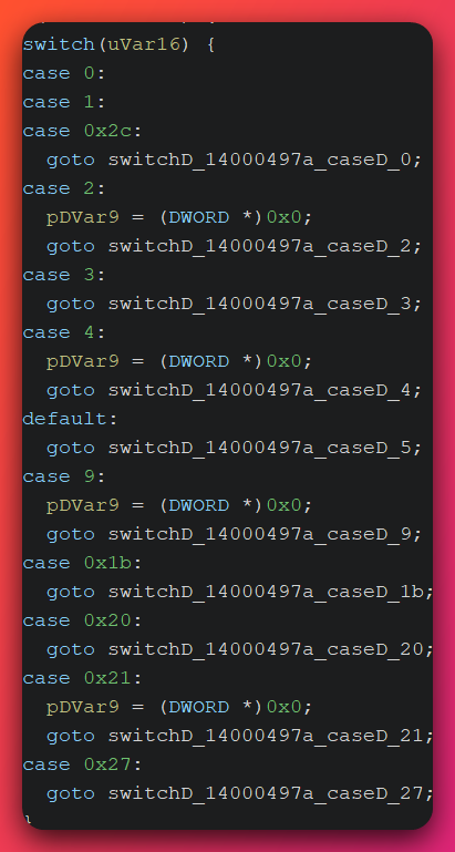 Ghidra decompiler output showing the gen-4 beacon's main command dispatch function with a switch-case structure routing ten command IDs to their respective handler functions including sleep, shell, exit, download, whoami, and process listing