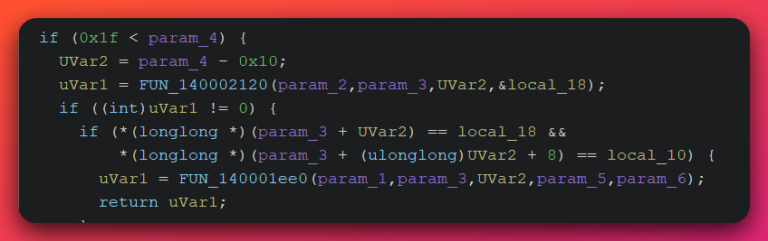 Ghidra decompiler output showing the Encrypt-then-MAC verification function that splits the incoming buffer into ciphertext and authentication tag, recomputes HMAC-SHA256 over the ciphertext portion, and compares the result against the received tag using two 8-byte quadword equality checks before proceeding to AES-CBC decryption