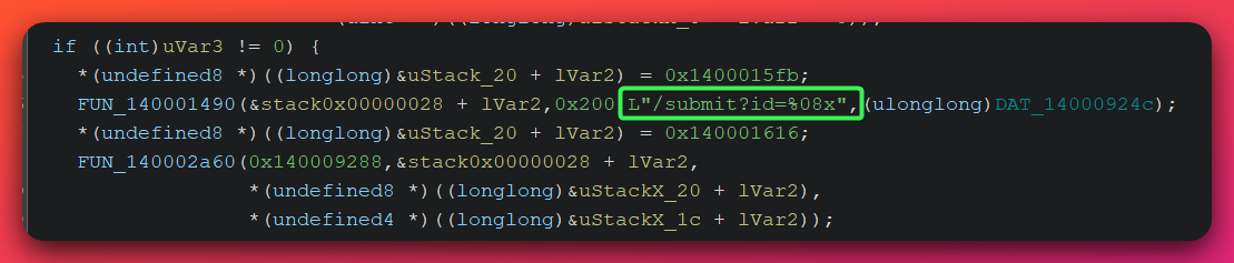 Ghidra decompiler output showing the encrypt-and-submit function constructing the URL string /submit?id=%08x with the beacon identifier, encrypting the payload buffer with AES-CBC, but with no code path transmitting the session nonce to the server — the nonce generated by BCryptGenRandom stays local