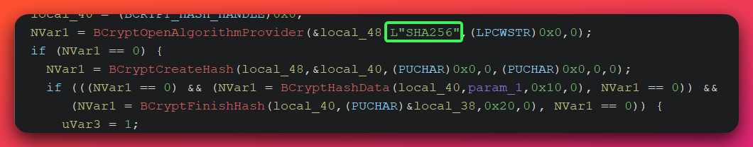 Ghidra decompiler output showing the crypto_derive_keys function calling BCryptOpenAlgorithmProvider with the string L SHA256, then BCryptDeriveKey to produce a 32-byte digest that is split into a 16-byte AES key and a 16-byte HMAC key