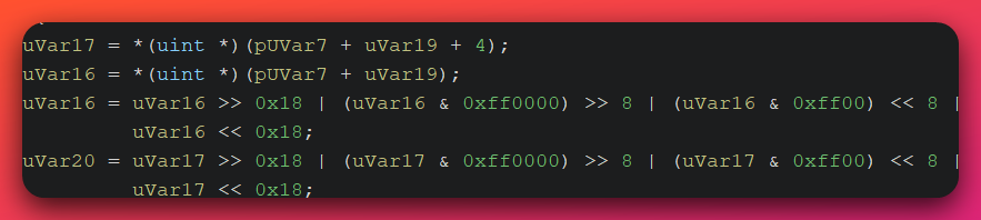 Ghidra decompiler output showing the TLV parser function performing big-endian byte-swap operations on 4-byte command type and data length fields using shift and OR bitwise operations before dispatching to command handlers