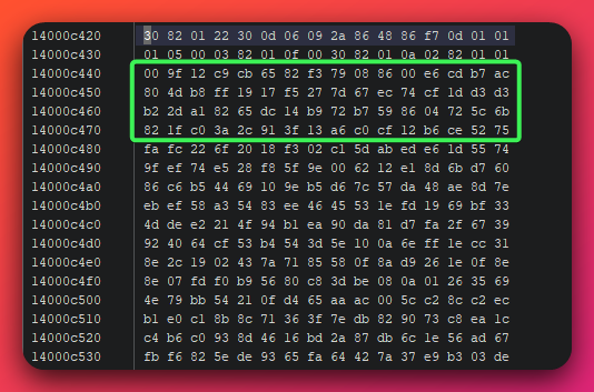 Ghidra hex dump view of the RSA-2048 public key bytes embedded in beacon.exe, with the modulus prefix 9f12c9cb6582f379088600e6cdb7ac80 highlighted in the raw byte array, confirming the key is stored as a contiguous 256-byte big-endian modulus in the .rdata section.