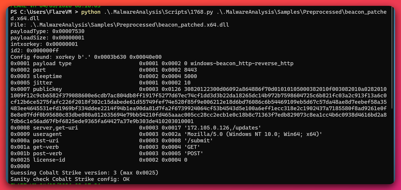 Terminal output from the 1768.py config extraction tool showing the decoded Cobalt Strike 3.x configuration including watermark value zero, C2 server address 172.105.0.126 on port 8443, staging URI /updates, submission URI /submit, GET and POST verb assignments, Mozilla user-agent string, and license-id zero confirming a cracked build.