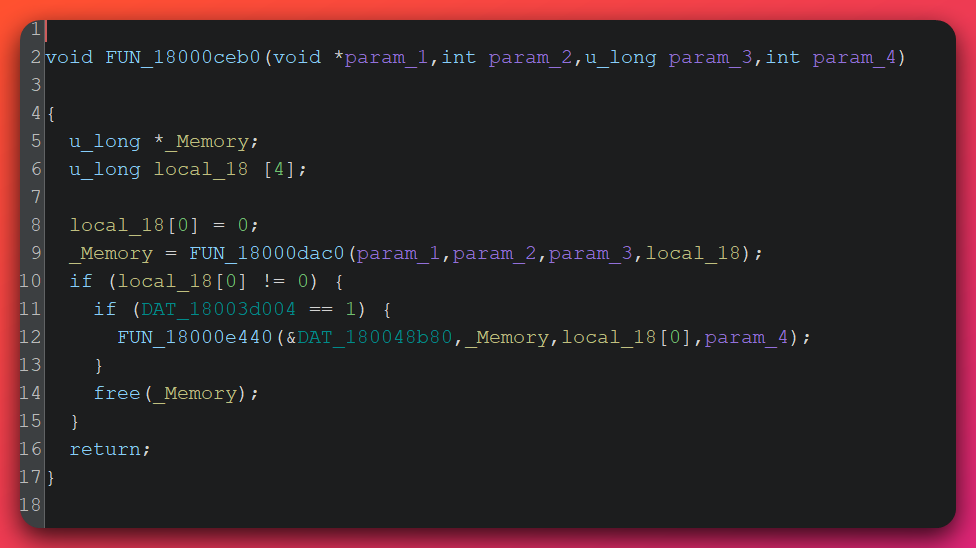 Ghidra decompilation of function FUN_18000ceb0 showing the encrypt-then-submit flow: the function checks the DAT_18003d004 beacon-ready flag, then calls the encryption function FUN_18000dac0 to encrypt the accumulated output, and conditionally submits it via FUN_18000e440 to the C2 server.