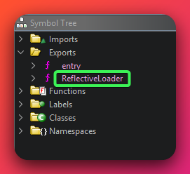 Ghidra Symbol Tree panel showing the beacon_patched.x64.dll exports folder containing only two entries: the standard entry point and the ReflectiveLoader export — confirming that the DLL exposes the minimum possible attack surface with only the ReflectiveLoader available for external callers to invoke.
