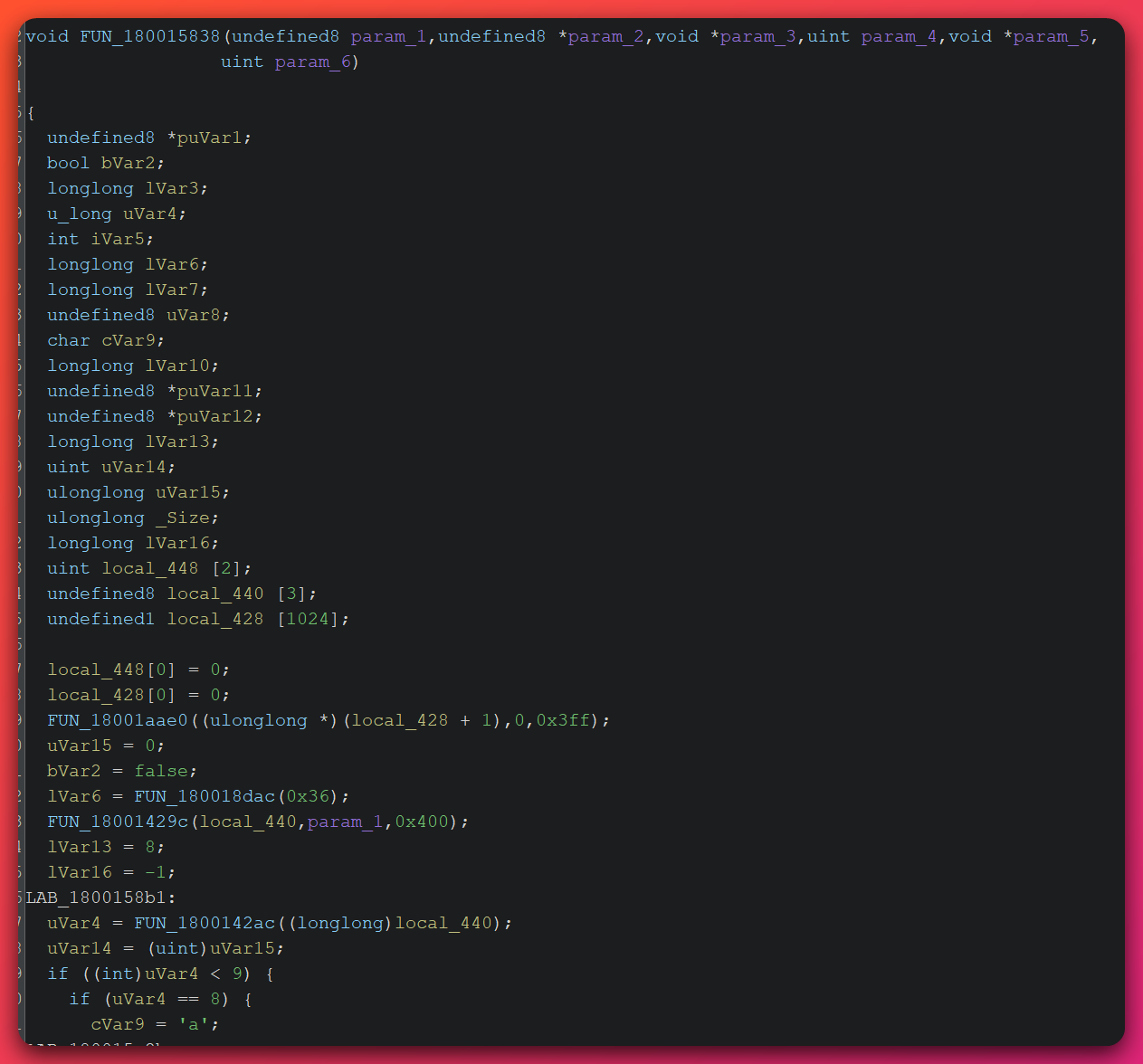 Ghidra decompilation of the Malleable C2 transform VM dispatch function FUN_180015838 showing local variables for opcode processing, loop control structures, and the conditional branching that routes execution through 17 distinct opcode handlers for transforming HTTP request components.