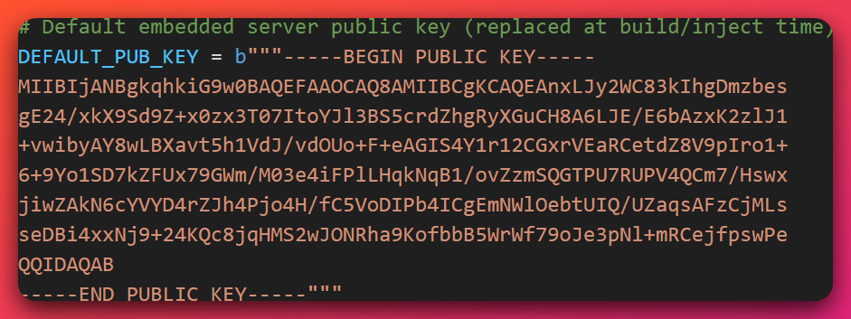 Python source code showing the RSA public key in PEM format embedded in the beacon_universal.py cross-platform implant, with the same RSA-2048 key present as a base64-encoded PEM block assigned to a variable used for session establishment.