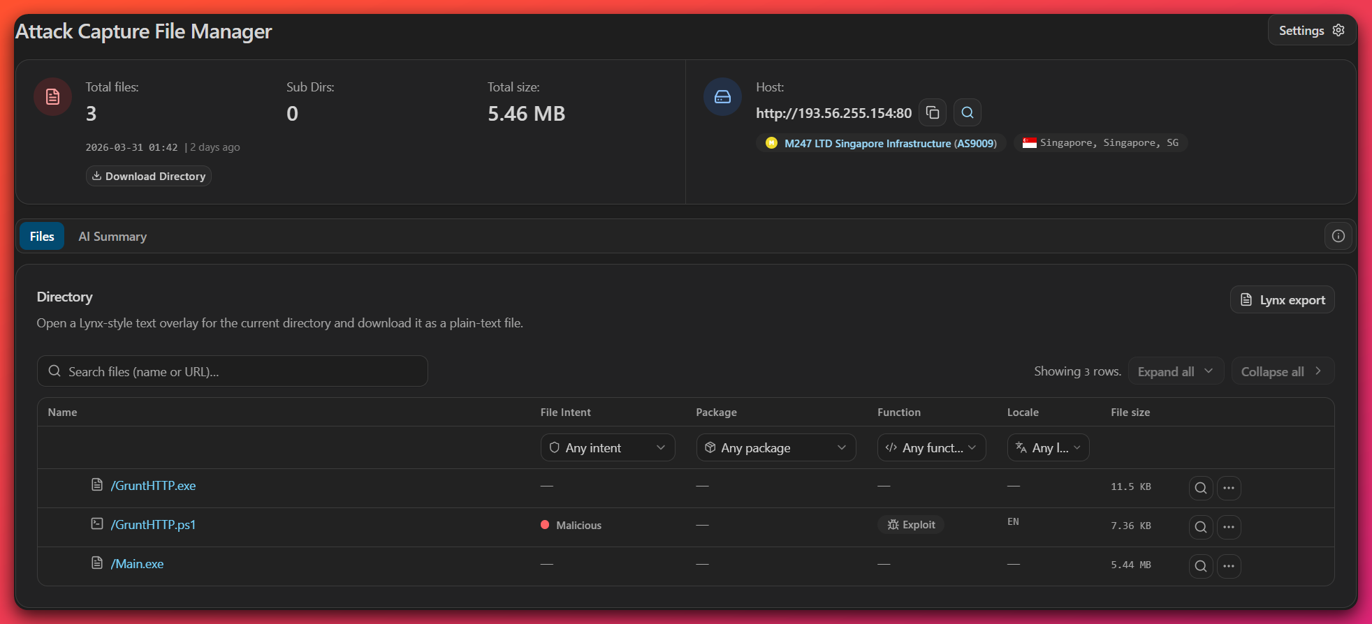 Attack Capture File Manager view of the open directory at 193.56.255.154, showing three payload files: GruntHTTP.exe (Covenant), GruntHTTP.ps1 (fileless loader), and main.exe (XiebroC2 implant)