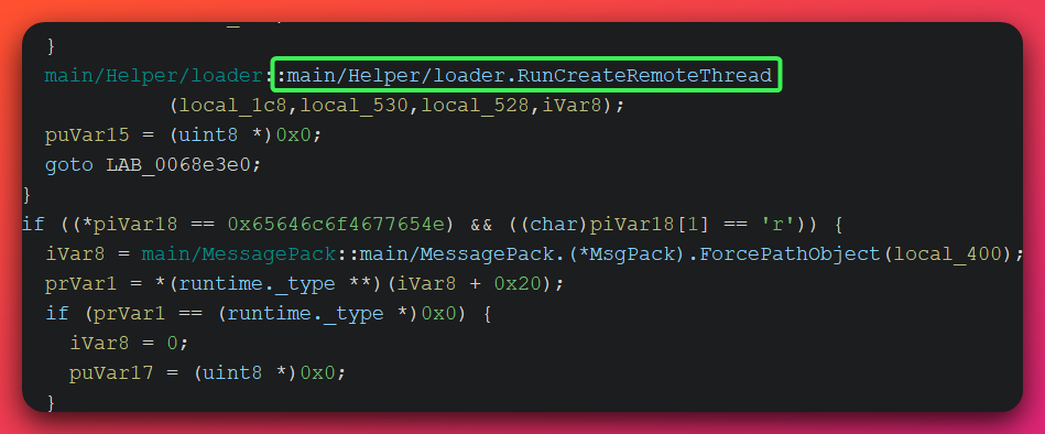 Decompiled command handler showing RunCreateRemoteThread being dispatched from the MessagePack command switch alongside the MessagePack ForcePathObject call