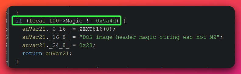 Decompiled code showing the MZ header validation check in RunPE — verifying the magic bytes 0x5a4d before proceeding with process hollowing injection