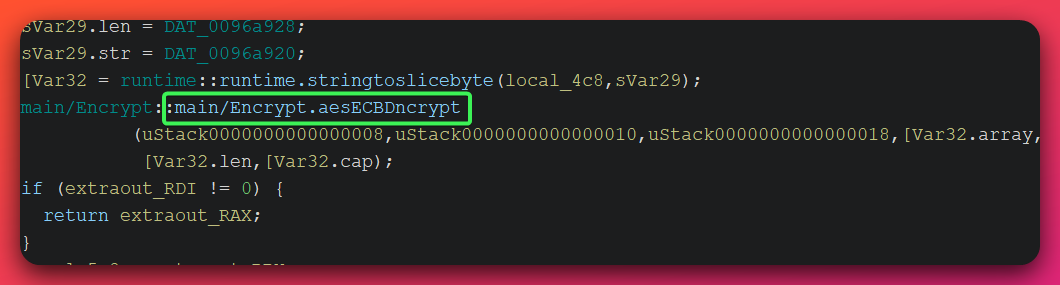Decompiled code showing the call to main/Encrypt::aesECBncrypt confirming AES-ECB mode encryption is used for all C2 traffic