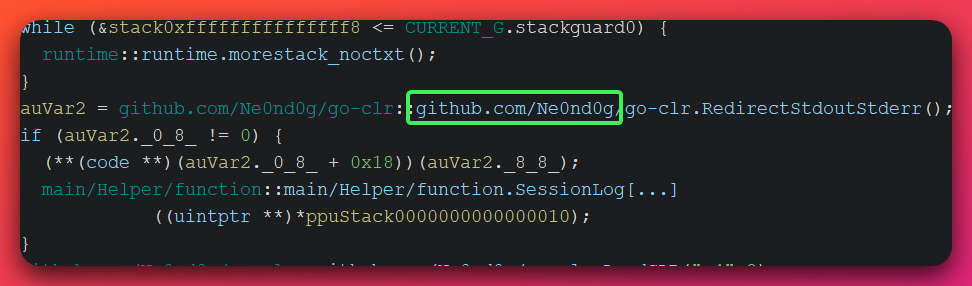 Decompiled code showing the github.com/Ne0nd0g/go-clr library call chain used to host the .NET CLR in-process and execute operator-supplied assemblies without writing to disk