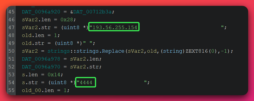 Decompiled binary showing hardcoded C2 address 193.56.255.154 and port 4444 stored as space-padded strings in the XiebroC2 implant