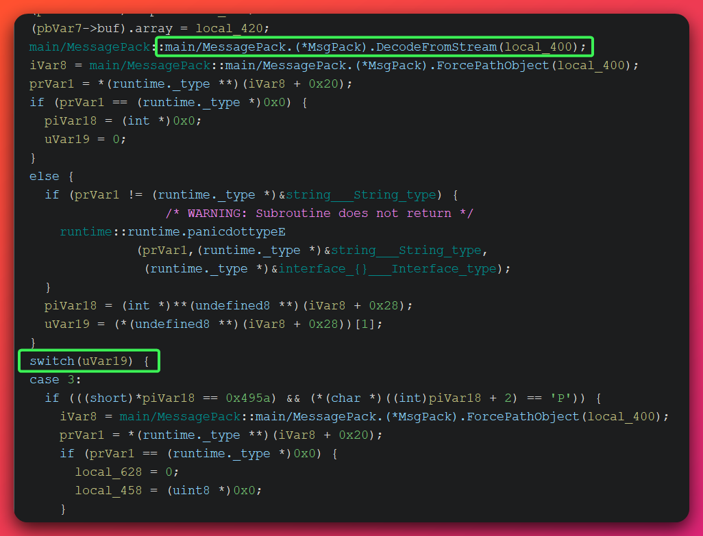 Decompiled code showing the MessagePack decode switch statement that dispatches incoming operator commands to their respective handler functions