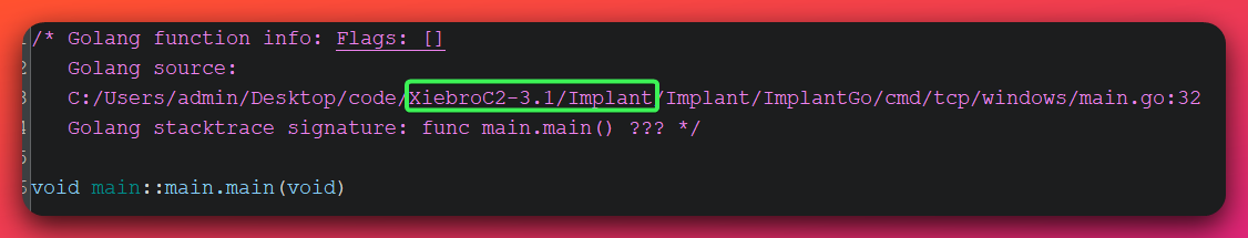 Ghidra disassembler output showing the recovered Go source path XiebroC2-3.1/Implant embedded in the binary's pclntab symbol table, confirming family identification