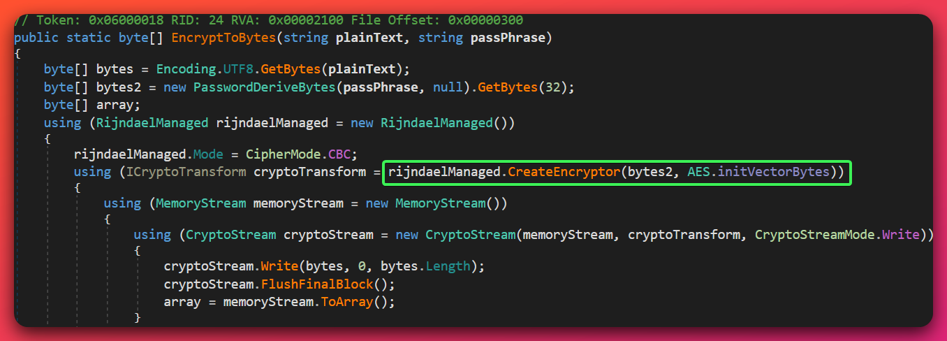 Decompiled Orcus EncryptToBytes method source showing construction of a RijndaelManaged instance with CipherMode.CBC, a call to new PasswordDeriveBytes(passPhrase, null).GetBytes(32) for key derivation, and rijndaelManaged.CreateEncryptor(bytes2, AES.initVectorBytes) for the encryptor — passing a hardcoded IV from AES.initVectorBytes.